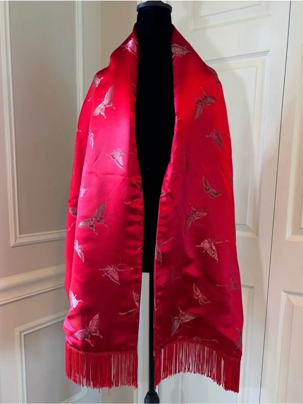 Vintage Red Silk Satin Butterfly Jacquard Scarf Wrap Fringe Shawl Evening Opera